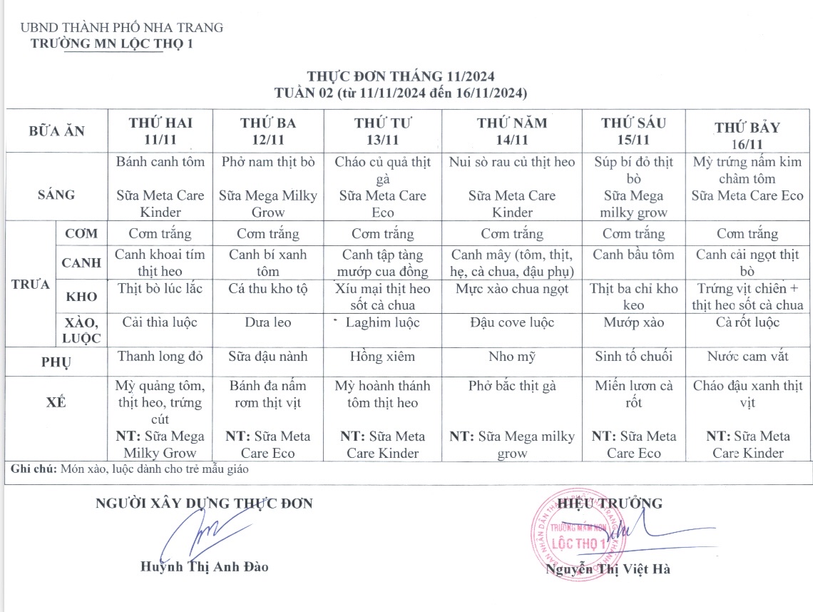 THỰC ĐƠN TUẦN 2 THÁNG 11 NĂM 2024